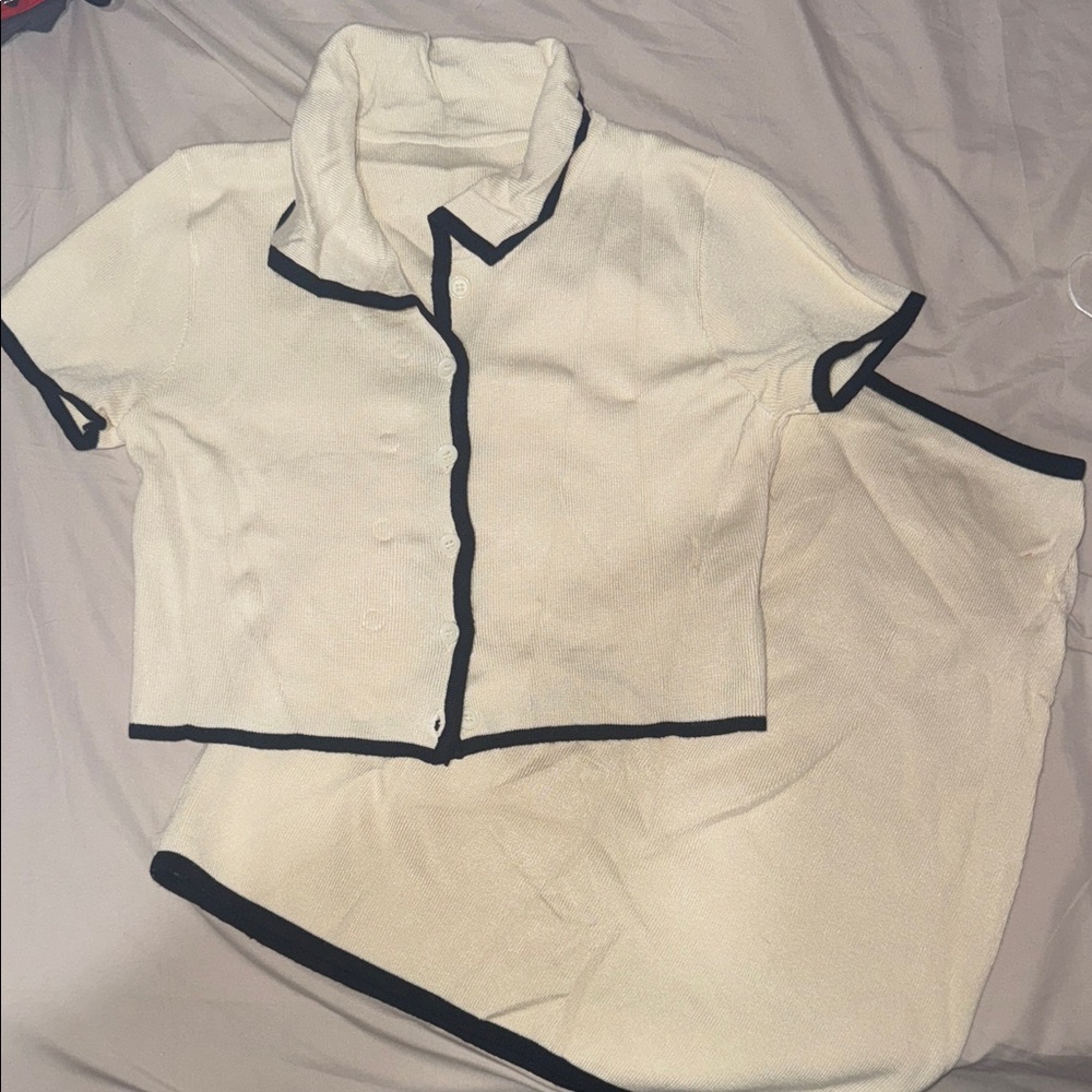 Cream Short Sleeve Button-Up Top and Skirt Set